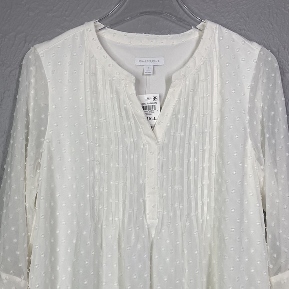 NWT Charter Club Ivory Ruffled Textured Pintucked Bell Sleeve Split Blou… - Picture 6 of 9